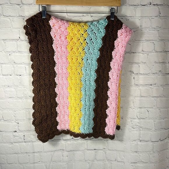 Super Soft Crocheted Baby Blanket Brown Pink Yellow 42” x 33” - Picture 1 of 5